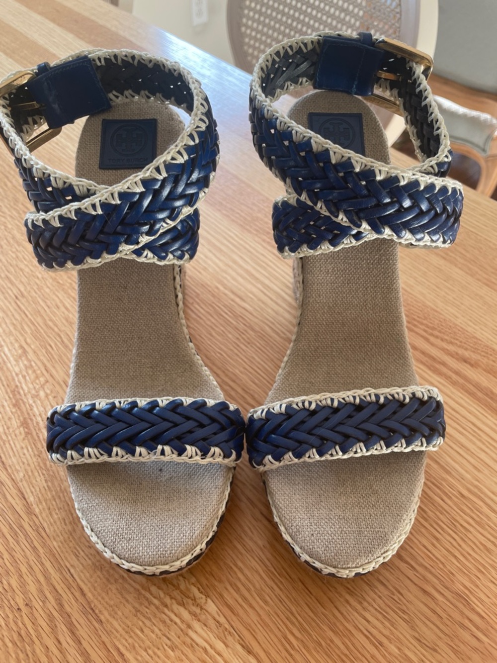 Tory Burch Navy and Cream Braided Wedge Sandals size 39 1/2